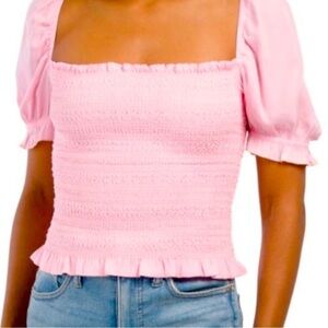 dolan Smocked Puff Sleeve Cropped Pink Blouse Shirt Small